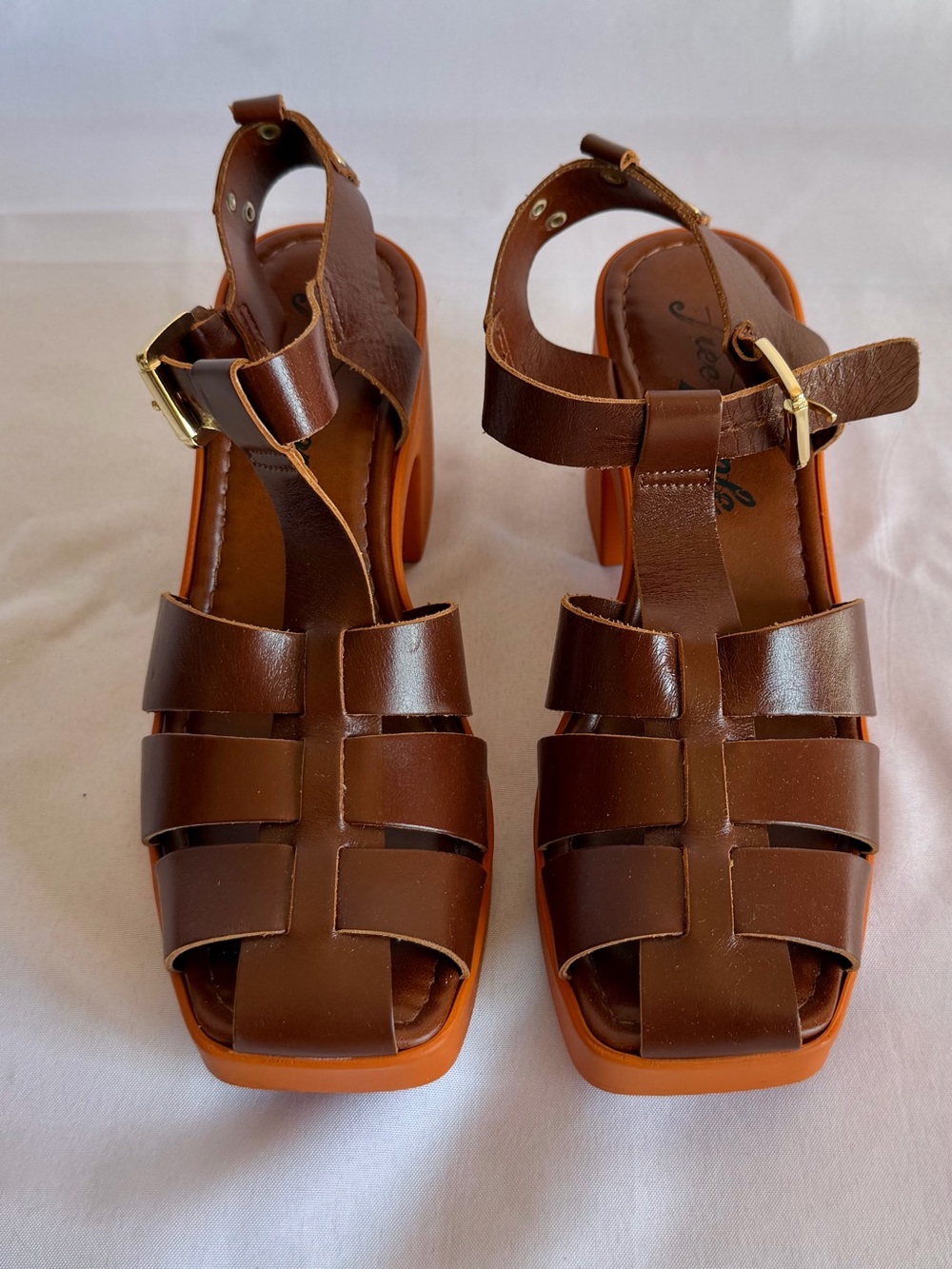 Free People Brown Leather Platform Sandals with Gold Buckle